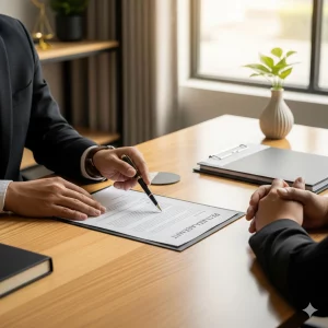 Abogado inmobiliario en Canarias ofrece asesoramiento sobre un contrato de alquiler a un cliente.