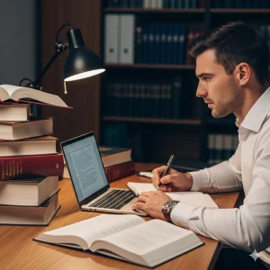 Un abogado trabaja de noche en su despacho, investigando con concentración en varios libros de derecho y códigos legales mientras redacta una demanda en su ordenador portátil.