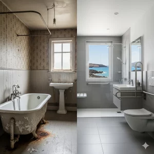 Imagen comparativa de un baño antes y después de una obra de adaptación en un piso de alquiler, cambiando la bañera por una ducha accesible.