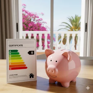 Hucha de cerdito que simboliza el ahorro en el alquiler gracias al Certificado de Eficiencia Energética en Canarias.