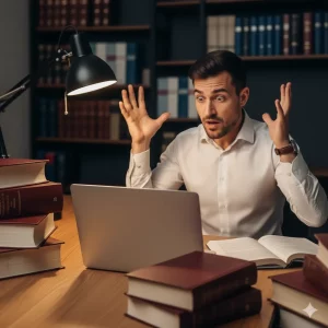 Hombre en su despacho levanta las manos con un gesto de asombro e incredulidad al leer en la pantalla de su ordenador la cancelación injustificada de su pedido online.