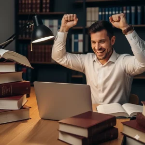 Hombre en su despacho con una expresión de alegría y euforia, celebrando con ambos brazos levantados frente a su ordenador tras leer la sentencia favorable de su reclamación.