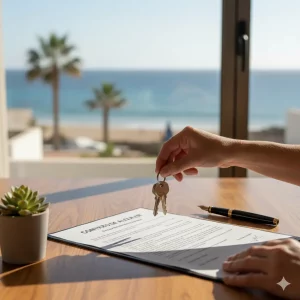 Manos entregando llaves sobre un contrato de alquiler en mesa de madera con vistas a la costa de Canarias. Inicio de nueva etapa profesional y serena.