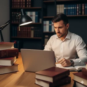 Hombre con expresión de enfado y concentración investigando en su ordenador portátil en un despacho, preparándose para una reclamación por un problema con su pedido.