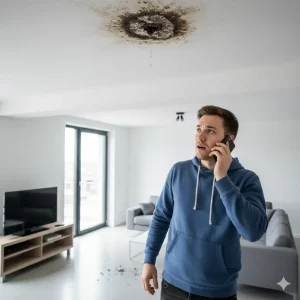 Hombre joven, inquilino, mirando con preocupación una mancha de humedad y gotera en el techo de su piso alquilado mientras habla por teléfono con el propietario en Canarias.