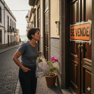Inquilina en Las Palmas sorprendida al ver cartel de "Se Vende" en la puerta de su vivienda, con bolsas de la compra, simbolizando el impacto del derecho de tanteo y retracto.