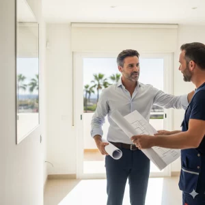 Propietario de un apartamento en Canarias, revisando planos de obras de mejora en un piso de alquiler con un contratista.