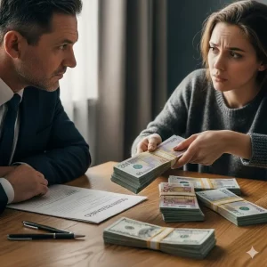 Inquilina con expresión de desconfianza entrega varios fajos de billetes de euro a un propietario sobre una mesa donde hay un contrato de alquiler.