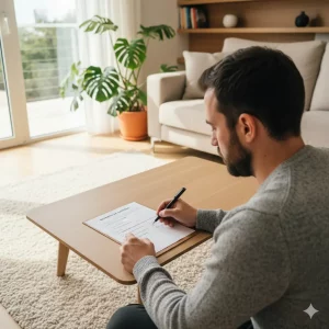Hombre concentrado revisando la checklist de gastos de un contrato de alquiler en Canarias para decidir quién paga la comunidad o el IBI.