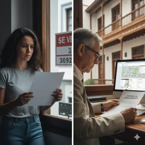 Imagen dividida sobre la venta de un piso alquilado en Canarias. A la izquierda, una inquilina preocupada con su contrato de alquiler. A la derecha, un propietario revisando la documentación legal en su despacho.