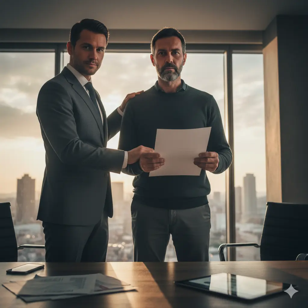 Abogado especialista en defensa contra fondos buitre muestra a su cliente la solución final a su reclamación de deuda.