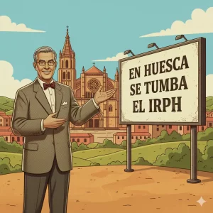 Ilustración de un abogado presentando una valla publicitaria frente a la Catedral de Huesca que dice 'En Huesca se tumba el IRPH', celebrando la nulidad de la cláusula.
