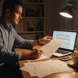 Hombre revisando su escritura de hipoteca para encontrar la cláusula de gastos del préstamo en un portátil.