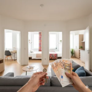 Primer plano de manos cerrando un contrato de alquiler de habitación con una llave y billetes, con un piso compartido de fondo.