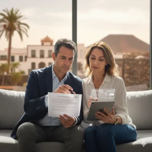 Pareja de propietarios en Canarias recibiendo asesoramiento legal sobre un contrato de alquiler de habitación para evitar problemas.