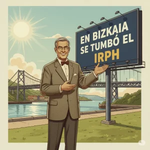 Ilustración retro Bizkaia Puente Colgante con profesor señalando valla publicitaria: "EN BIZKAIA SE TUMBÓ EL IRPH".