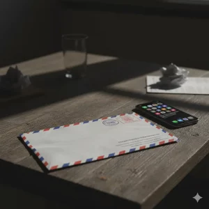 Burofax sin abrir sobre mesa de madera oscura junto a un smartphone, ilustrando un momento de alta tensión y misterio, con iluminación dramática.