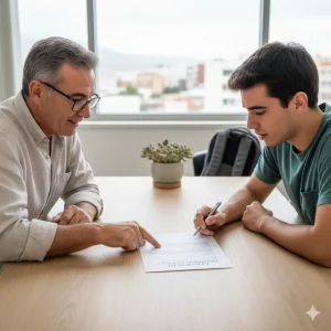 Propietario y estudiante universitario en Canarias revisan con atención un contrato de alquiler de temporada sobre una mesa, simbolizando la importancia de la negociación y el asesoramiento legal.