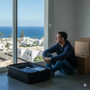 Inquilino reflexivo en un piso de alquiler de temporada en Canarias, preocupado por la falta de estabilidad de su contrato.
