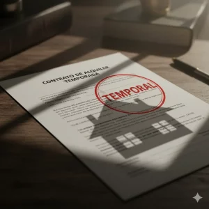 Contrato de alquiler temporal sobre un escritorio de abogado, con un sello rojo que dice "Temporal" para ilustrar un fraude de ley en Canarias.