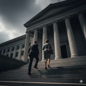 Dos personas, abogado y cliente, suben escaleras de piedra hacia un juzgado imponente, simbolizando el inicio de un proceso legal y la búsqueda de justicia.