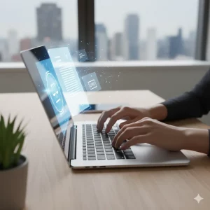 Persona enviando un email desde su portátil para la reclamación extrajudicial de los gastos del préstamo al banco.