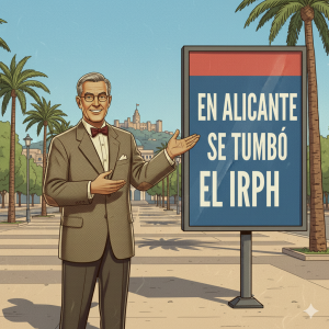 Ilustración retro de un profesor señalando un cartel que dice 'En Alicante se tumbó el IRPH', con el Castillo de Santa Bárbara de Alicante al fondo.
