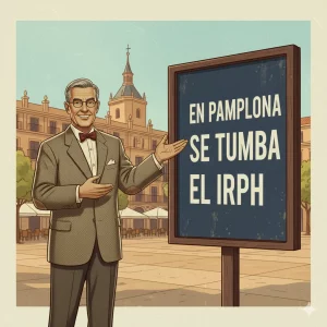 Ilustración estilo vintage de un abogado experto presentando un cartel en la Plaza del Castillo de Pamplona donde se lee: 'EN PAMPLONA SE TUMBA EL IRPH'.