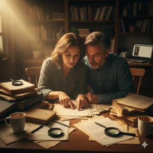 Dos afectados revisan con lupa la escritura del préstamo hipotecario para encontrar la cláusula de gastos.