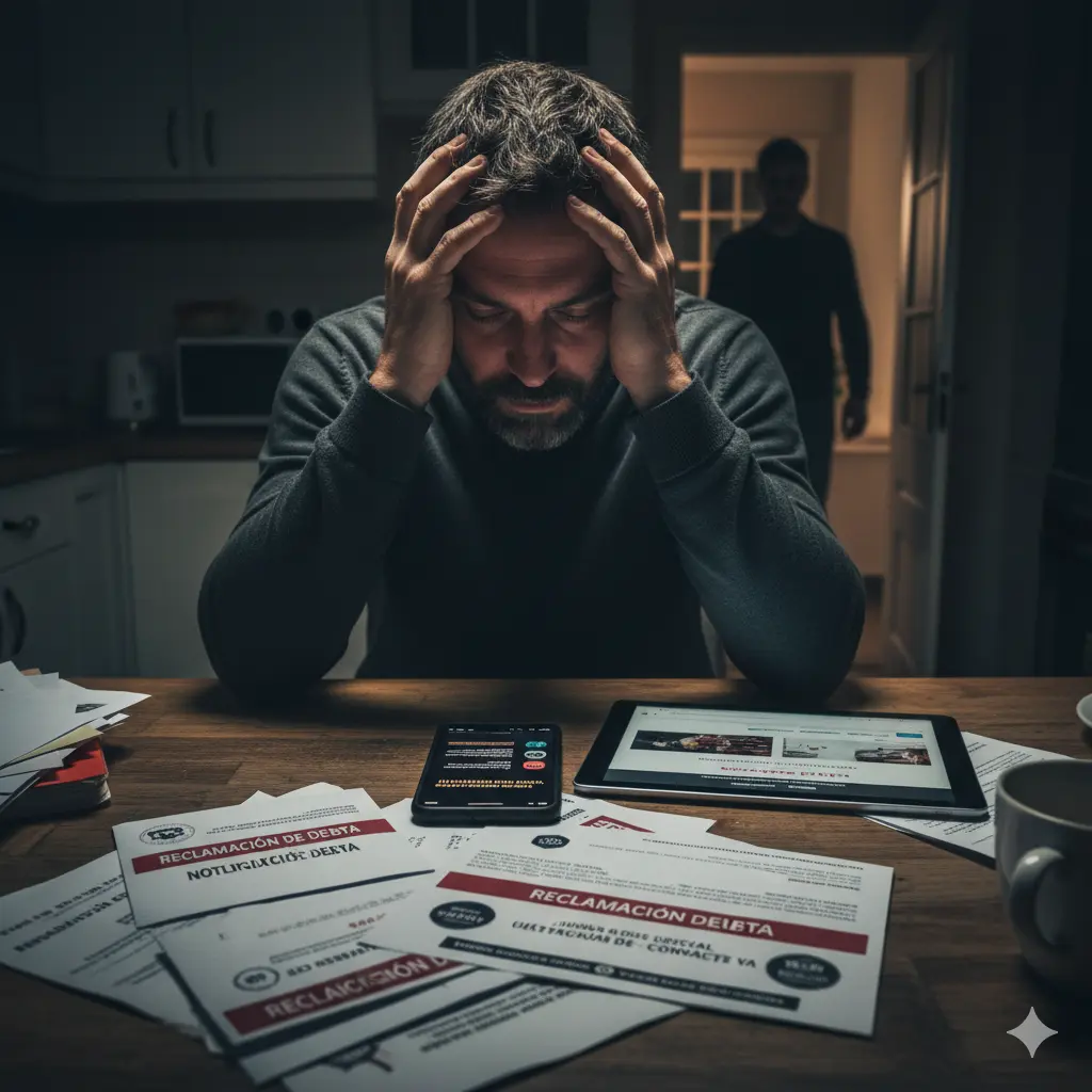 Hombre estresado en su cocina por la noche, abrumado por las cartas de reclamación de deuda de un fondo buitre.