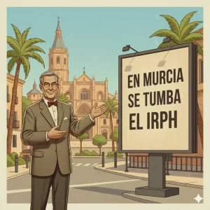 Ilustración retro: Profesor presenta cartel 'EN MURCIA SE TUMBA EL IRPH' frente a la Catedral de Murcia. Abogados IRPH Murcia.