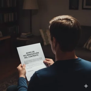 Inquilino de espaldas leyendo con preocupación un aviso de no renovación de su contrato de alquiler en Canarias, un momento clave que requiere asesoramiento legal.