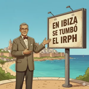 Ilustración de un hombre señalando un cartel que anuncia una sentencia de IRPH nulo en Ibiza, con Dalt Vila al fondo.
