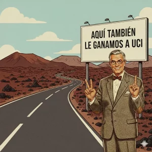 Profesor años 50 señalando cartel de publicidad "Aquí también le ganamos a UCI" en carretera de Timanfaya, Lanzarote.
