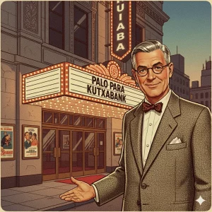 Ilustración de un profesor de estilo vintage invitando a un cine antiguo cuya marquesina luminosa anuncia: PALO PARA KUTXABANK.