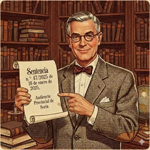 Profesor de derecho sonriente, estilo publicidad años 50, mostrando sentencia judicial con fecha y Audiencia Provincial de Soria.