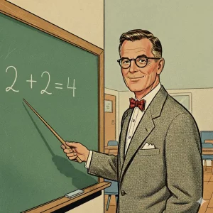 Profesor de los años 50 señalando la operación "2+2=4" en una pizarra, simbolizando la obviedad del abuso del IRPH y la sentencia del TJUE al Tribunal Supremo.