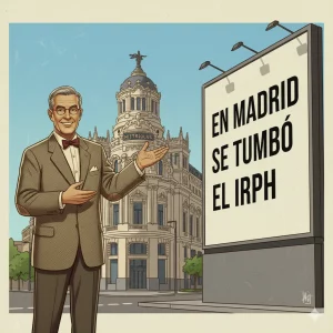 Ilustración vintage/retro: Profesor en Madrid presentando una valla publicitaria con el texto 'EN MADRID SE TUMBÓ EL IRPH'. Edificio Metrópolis de fondo.