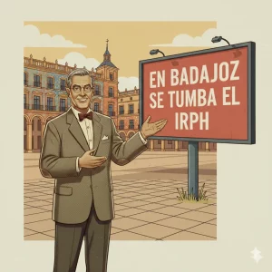 Ilustración retro de un profesor señalando un cartel "EN BADAJOZ SE TUMBA EL IRPH" en la Plaza Alta de Badajoz.