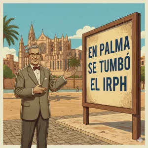 Ilustración retro de profesor señalando cartel "En Palma se tumbó el IRPH" con la Catedral de Palma de Mallorca de fondo.