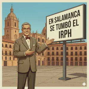 Ilustración retro de profesor en Salamanca presentando cartel 'En Salamanca se tumbó el IRPH' en Plaza de Anaya con la Catedral de fondo.