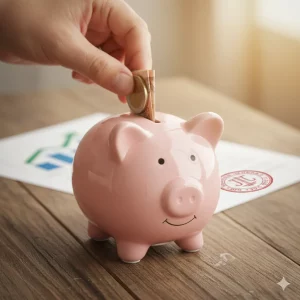 Mano depositando euros en hucha de cerdito sonriente, simbolizando la recuperación de los gastos hipotecarios tras la sentencia judicial.
