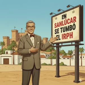 Ilustración estilo vintage de un profesor que presenta un cartel con el texto En Sanlúcar se tumbó el IRPH, con el castillo de Sanlúcar la Mayor al fondo.