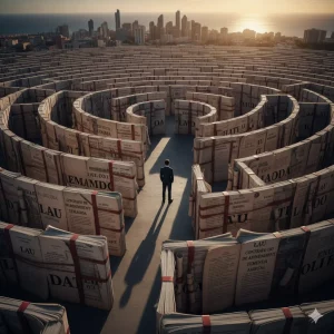 Vista aérea de un laberinto hecho de contratos de alquiler y leyes inmobiliarias con el atardecer de Las Palmas de fondo, representando la complejidad legal del alquiler de temporada frente a vivienda habitual.