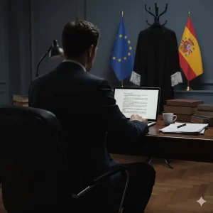 Abogado o juez en un despacho, trabajando en un ordenador, con la toga colgada y las banderas de España y Europa de fondo, simbolizando el conflicto legal y la normativa europea.