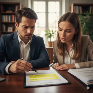 Pareja leyendo con preocupación un contrato de alquiler complejo con cláusulas abusivas, buscando asesoramiento de abogados expertos en Canarias.