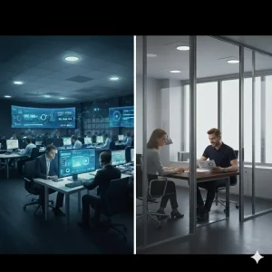 Comparativa visual entre un call center legal impersonal y un despacho de abogados ofreciendo una consulta personalizada a una clienta.