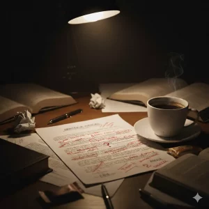 Abogado analizando sentencia judicial con notas en rojo, buscando errores y estrategias de mejora. Despacho desordenado con café y libros.