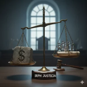 Balanza de la justicia IRPH con el dinero y los consumidores desequilibrados, simbolizando la lucha por la justicia hipotecaria.