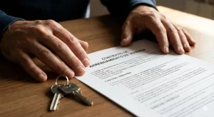 Primer plano de manos tensas de un propietario sobre un contrato de arrendamiento de vivienda y unas llaves, ilustrando el conflicto legal por recuperar la propiedad.